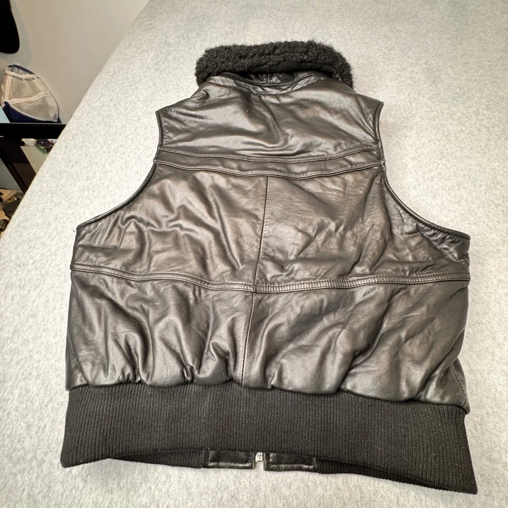 Knoles & Carter‎ Italian Lamb Skin Leather Vest Womens Black Faux Fur Collar XL